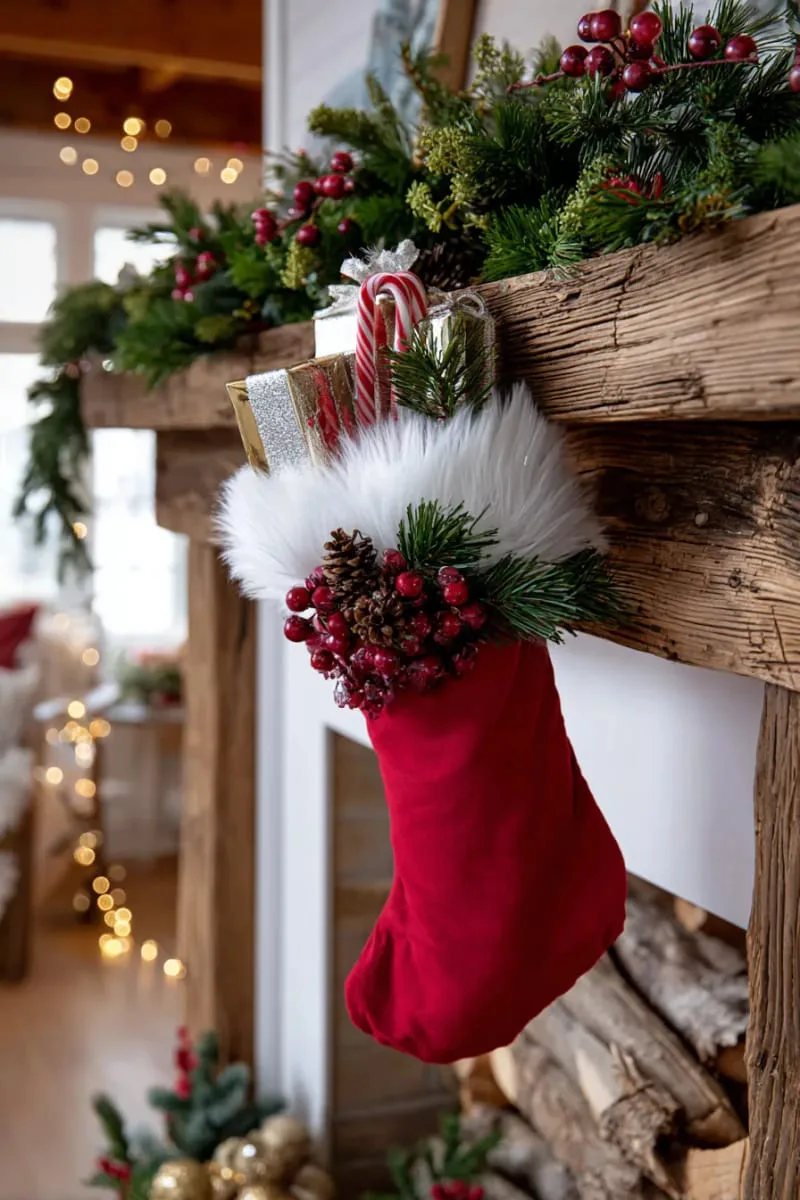 wrap the stocking with a mini garland of faux cranberries and pine sprigs 1