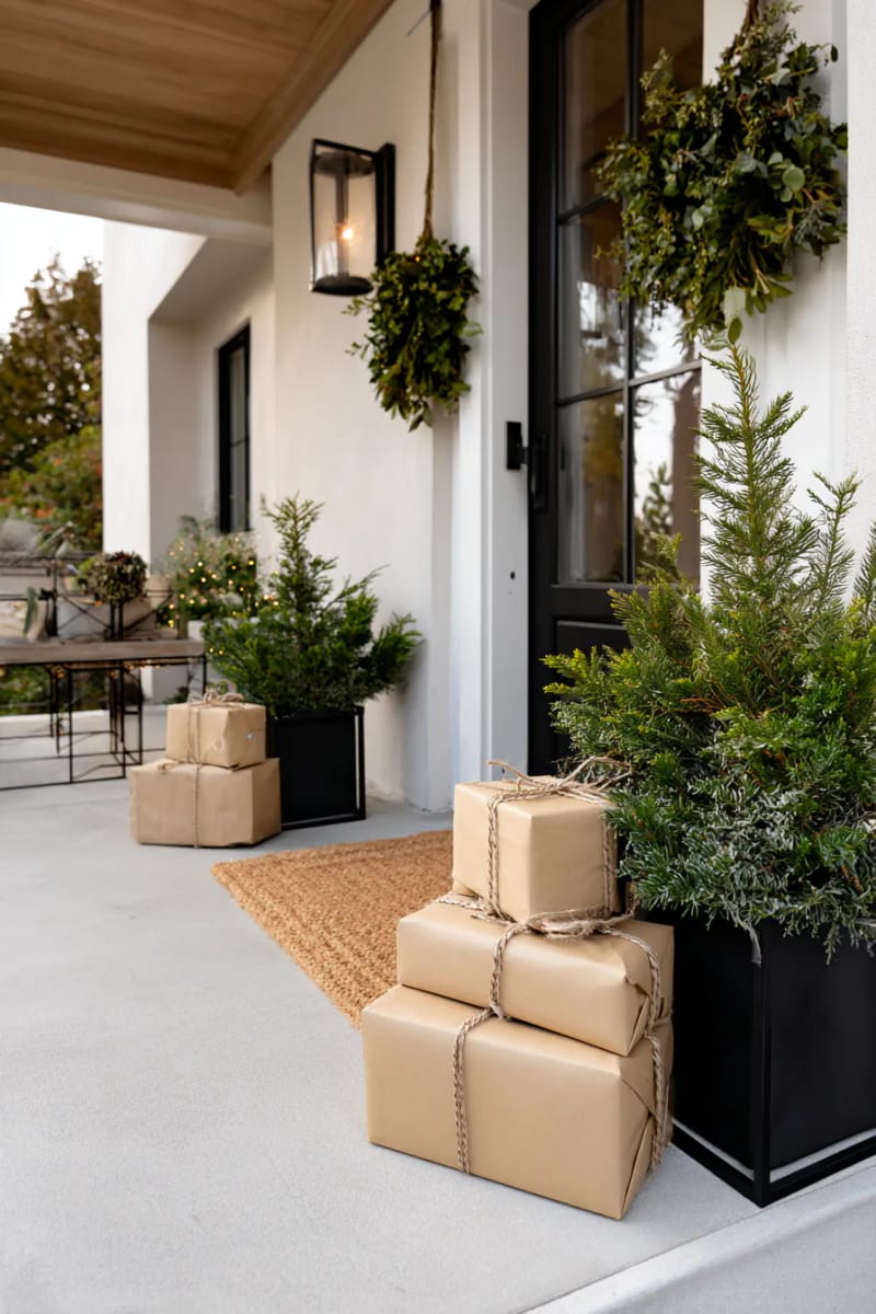 wrapped faux gifts in kraft paper stacked beside planters 1
