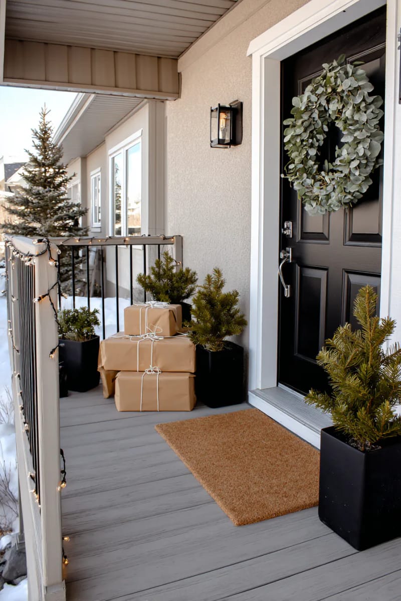 wrapped faux gifts in kraft paper stacked beside planters 1