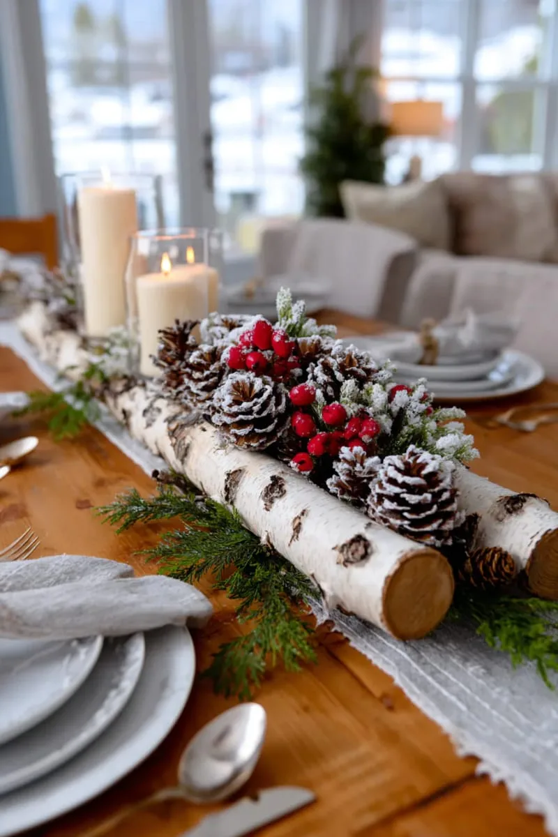 birch branch centerpiece with pinecones and frosted berries for dining table 1