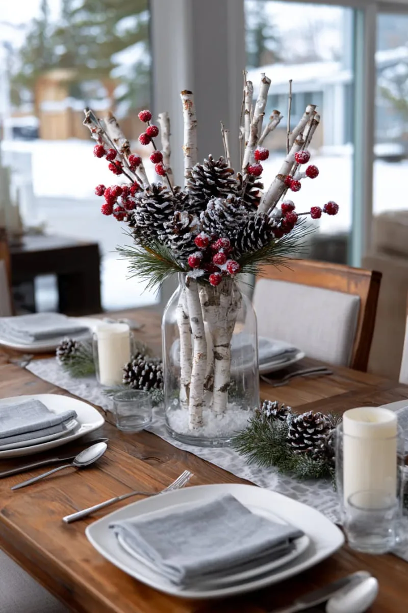 birch branch centerpiece with pinecones and frosted berries for dining table 1