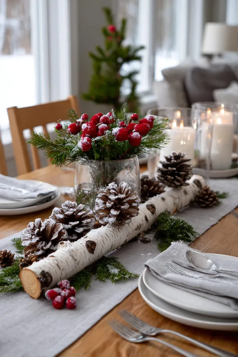 birch branch centerpiece with pinecones and frosted berries for dining table 1