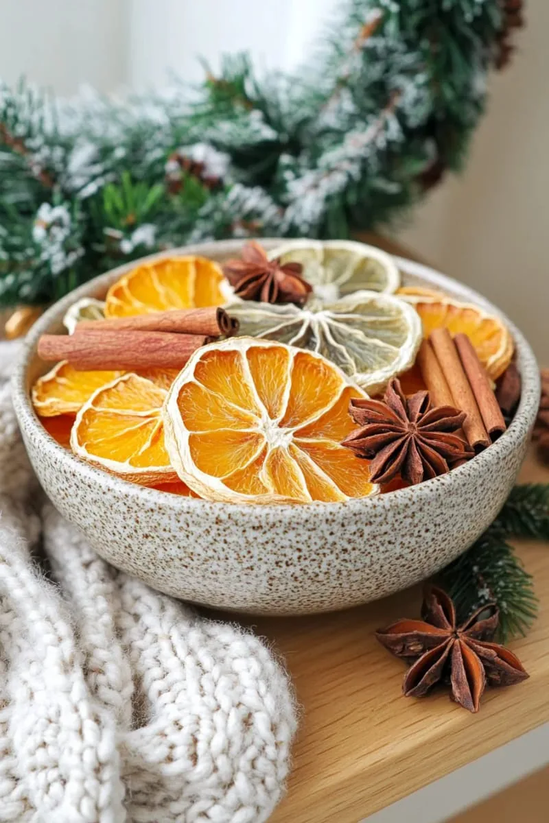 bowl of dried citrus slices, cinnamon sticks, and star anise on entry table 1