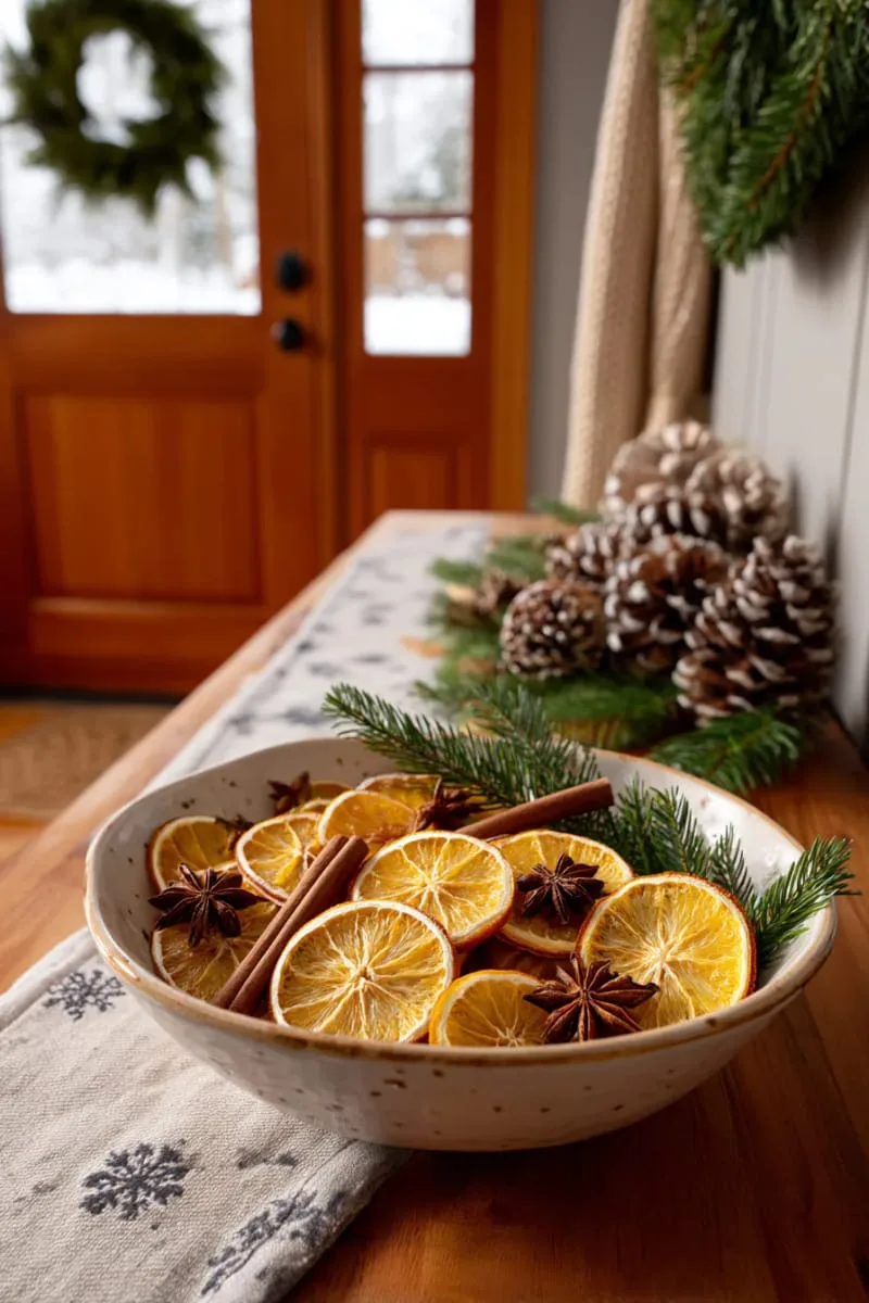 bowl of dried citrus slices, cinnamon sticks, and star anise on entry table 1