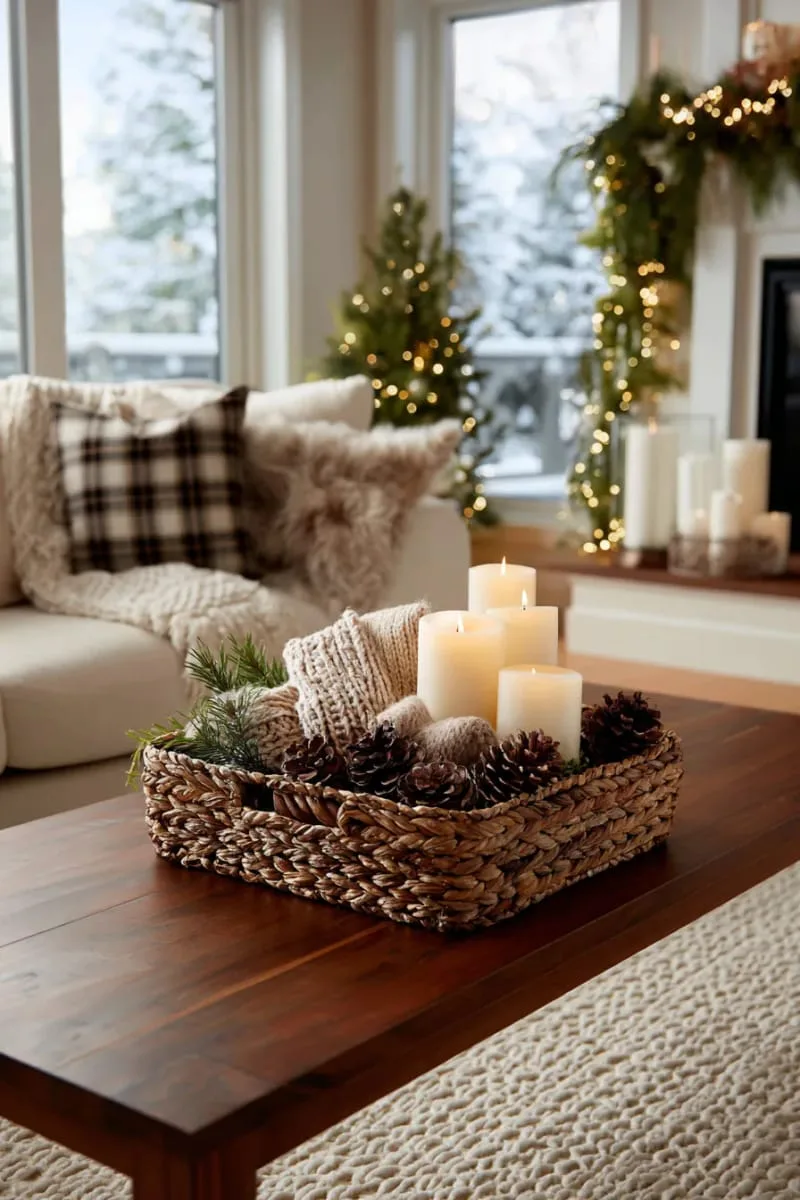 cozy coffee table basket filled with knit mittens, pinecones, and candles 1