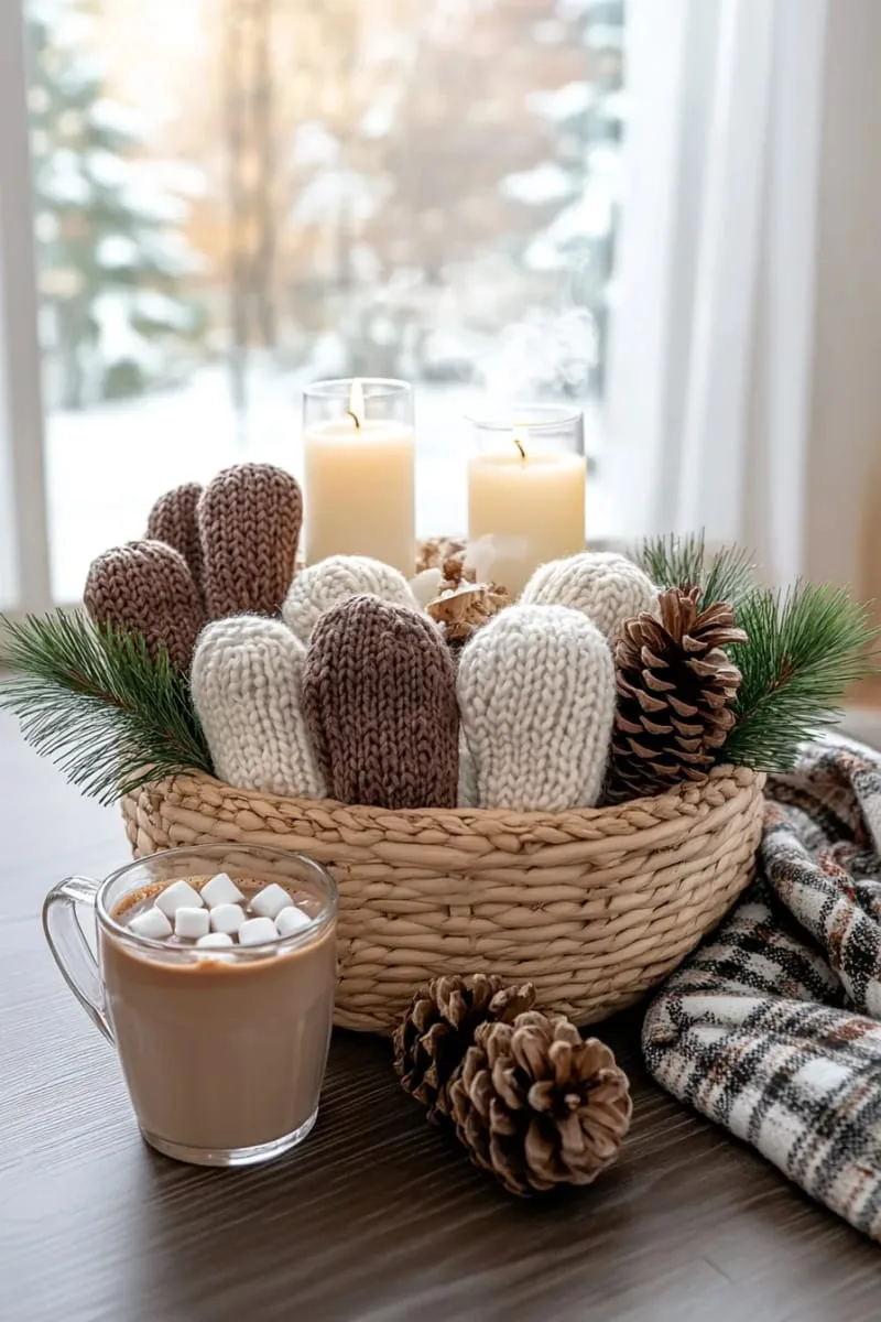 cozy coffee table basket filled with knit mittens, pinecones, and candles 1