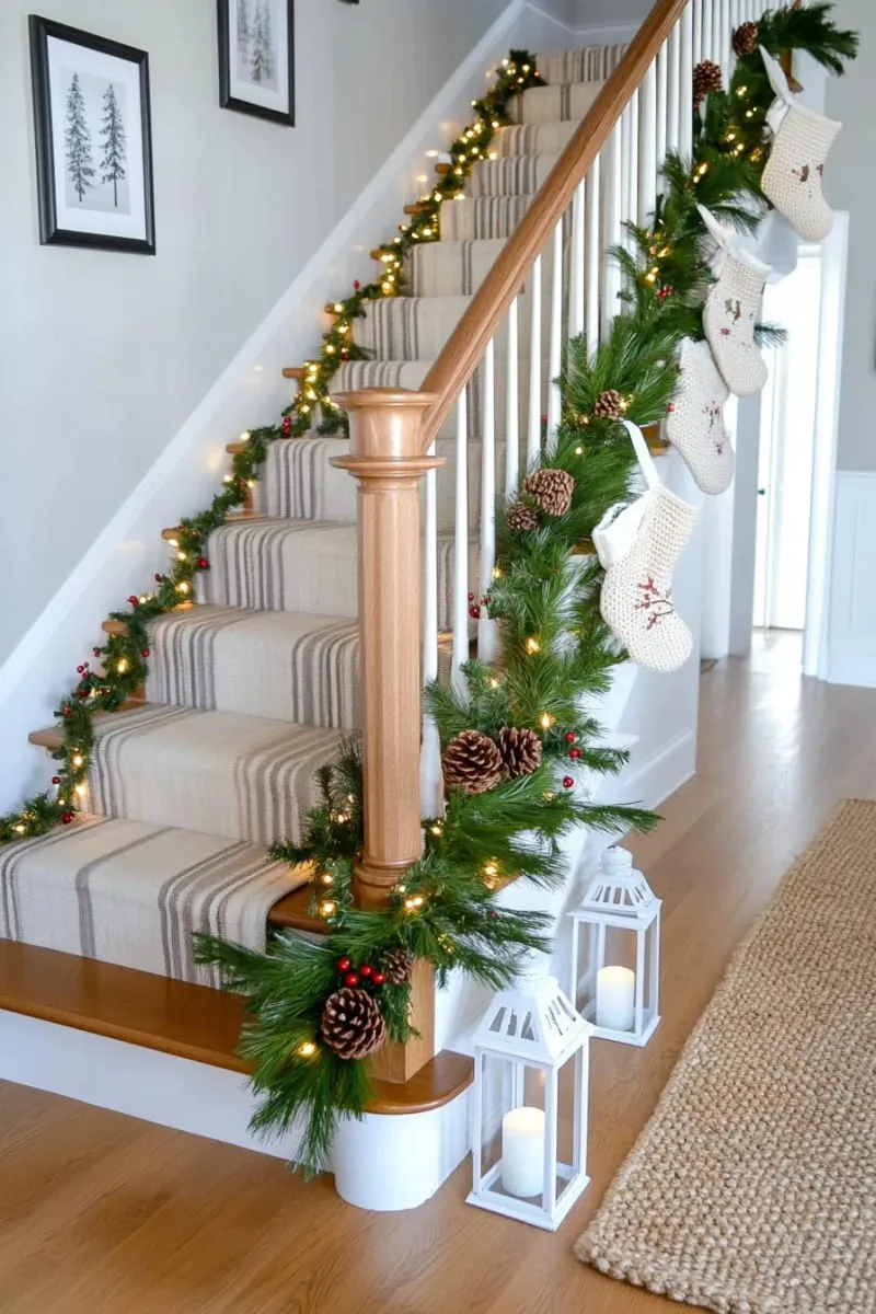 evergreen garland wrapped around staircase with twinkling fairy lights 1
