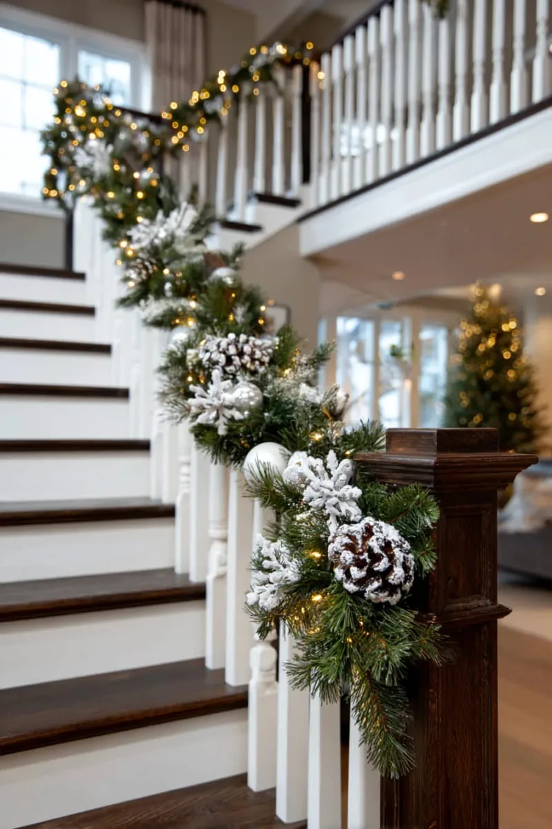 evergreen garland wrapped around staircase with twinkling fairy lights 1