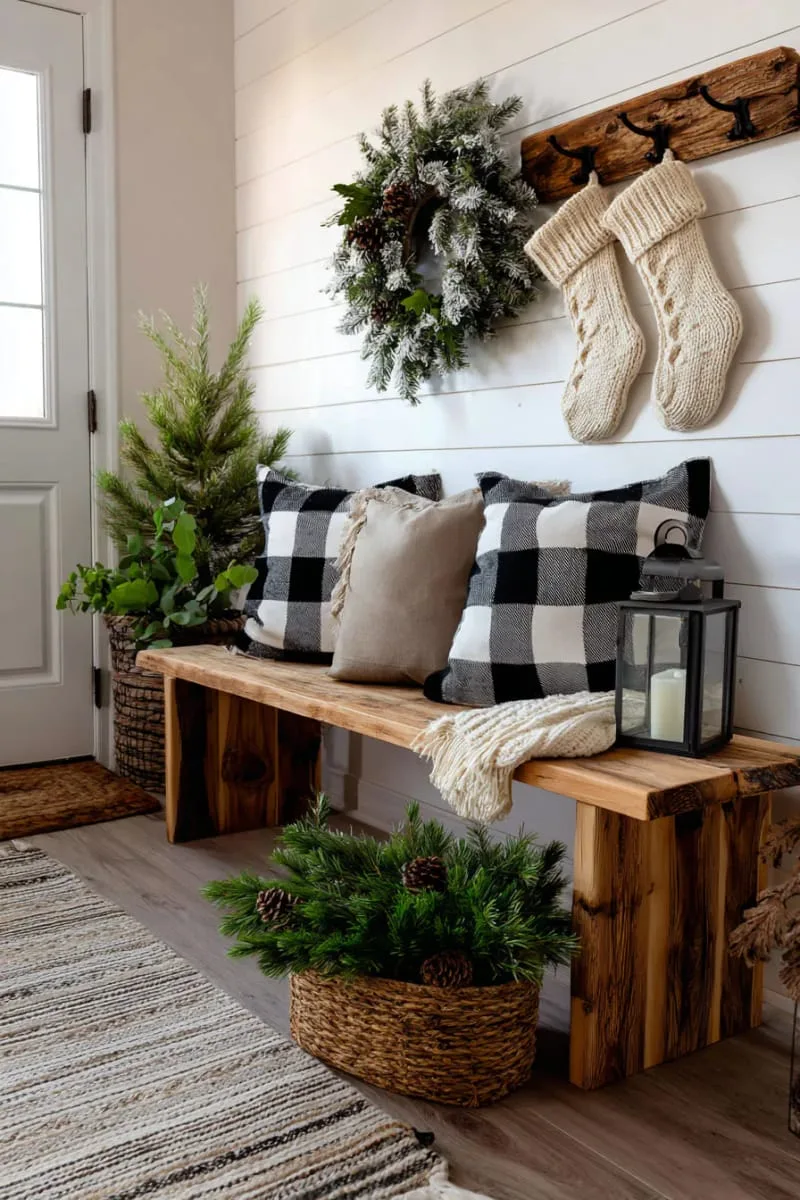 farmhouse entry bench styled with buffalo plaid pillows and knit stockings 1