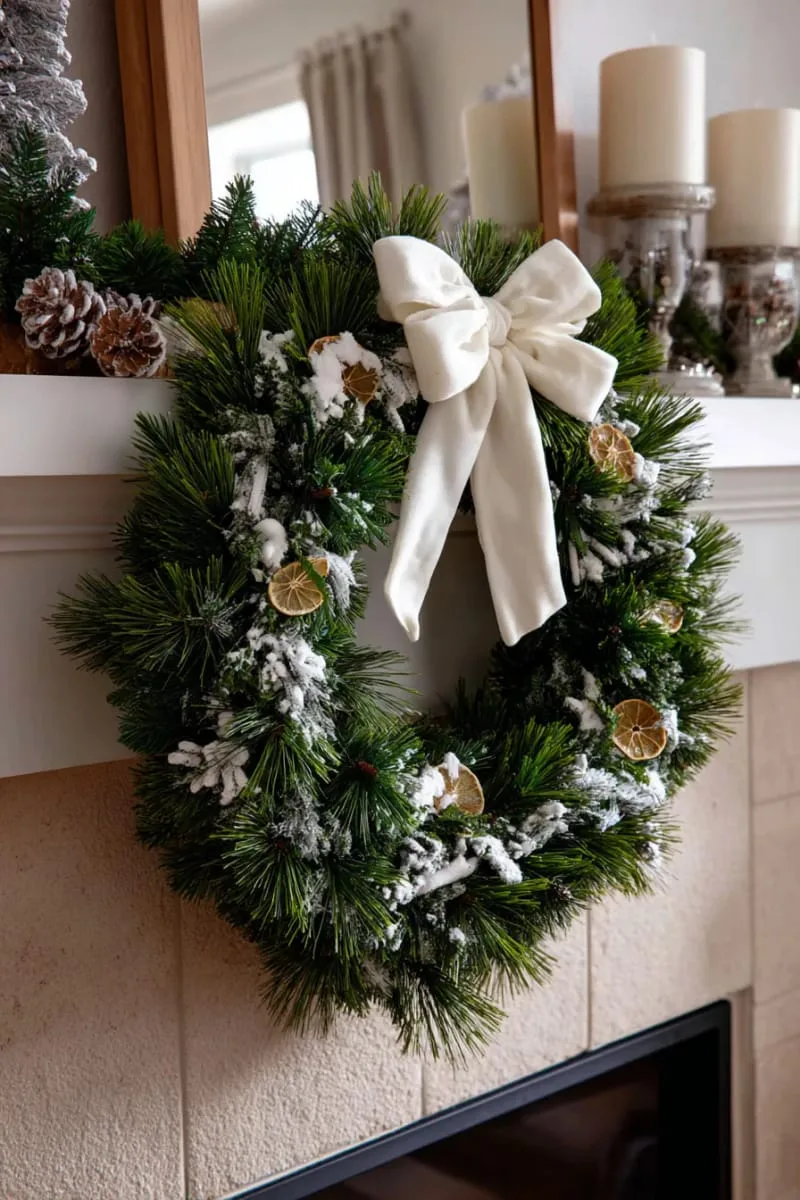 frosted pine wreath adorned with white velvet ribbon and dried oranges 1