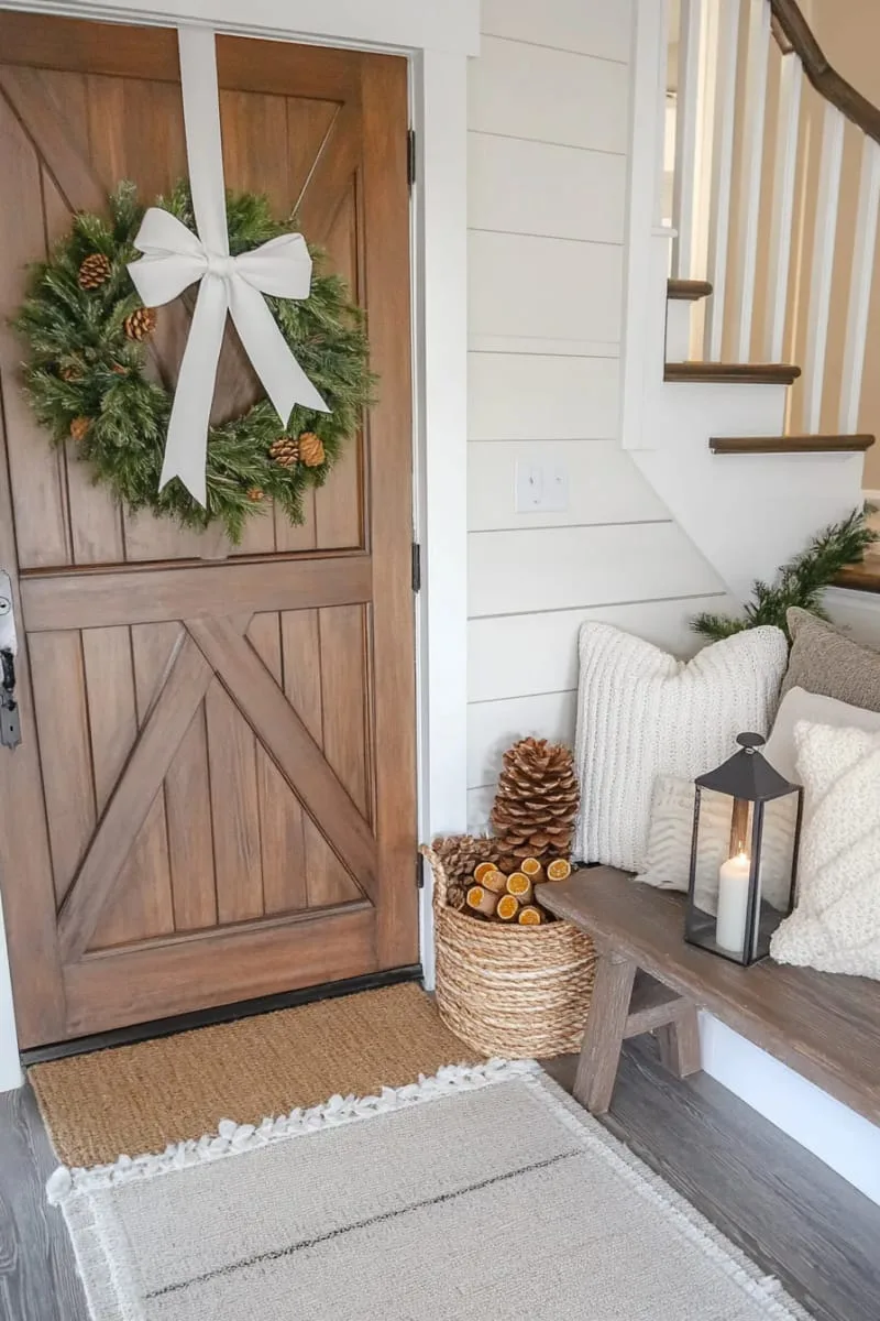 frosted pine wreath adorned with white velvet ribbon and dried oranges 1