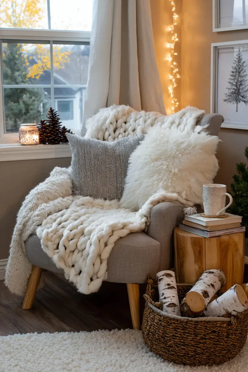 hygge-inspired reading nook layered with chunky knit throws and faux fur pillows 1