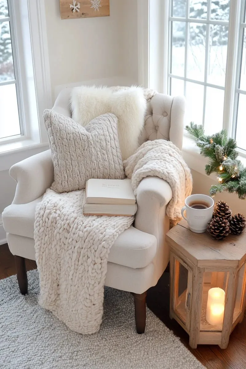 hygge-inspired reading nook layered with chunky knit throws and faux fur pillows 1