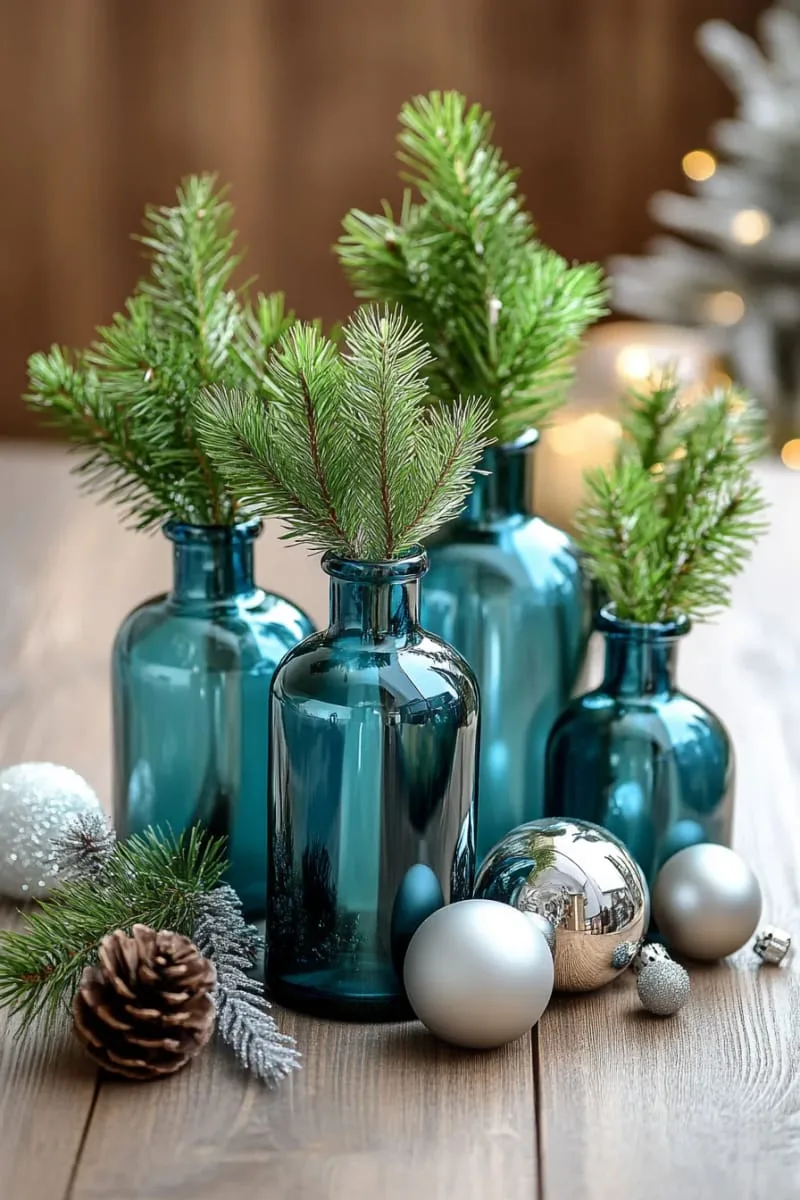 icy blue glass bottles grouped with evergreen cuttings and silver baubles 1