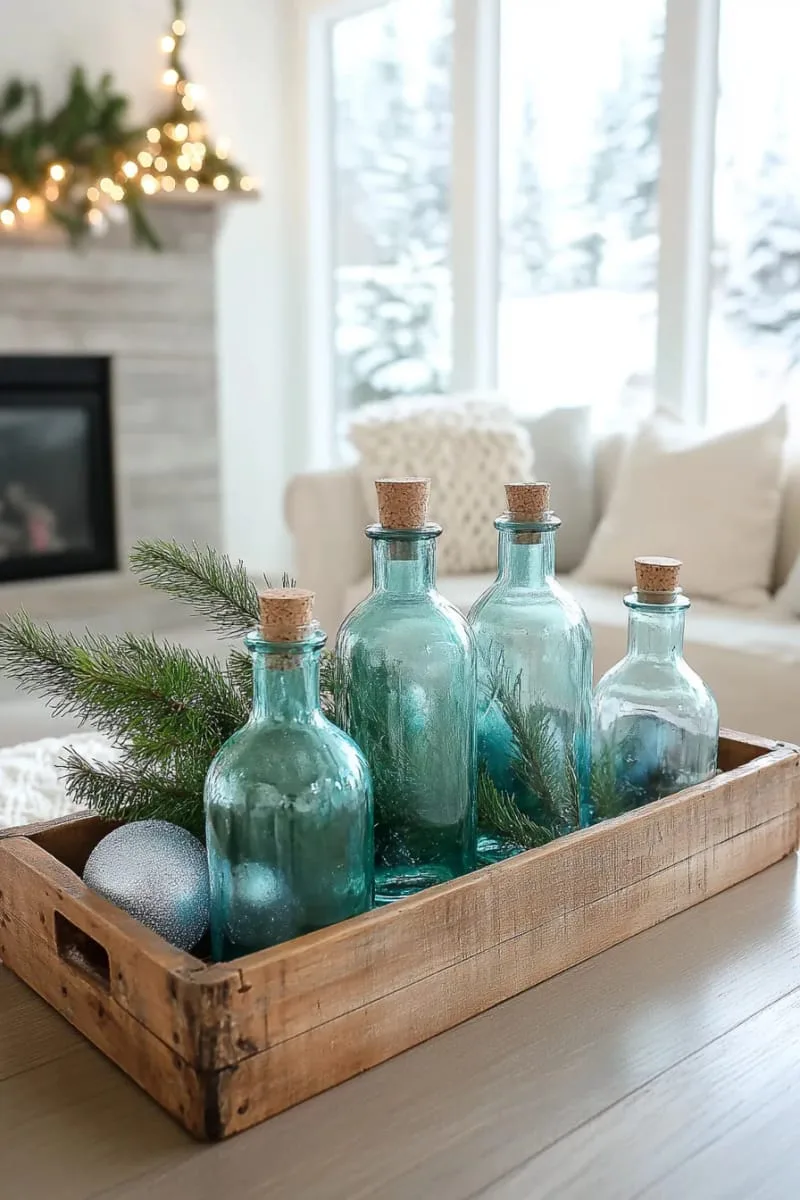 icy blue glass bottles grouped with evergreen cuttings and silver baubles 1