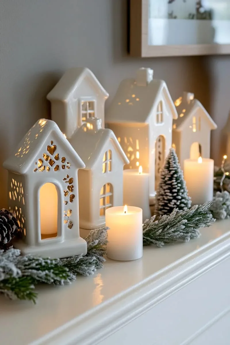 minimalist white ceramic houses glowing with soft fairy lights on mantel 1