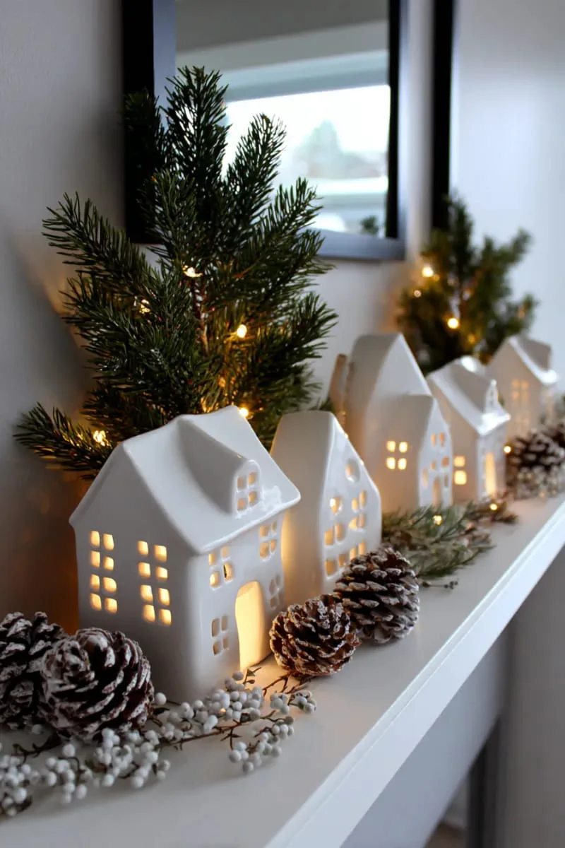minimalist white ceramic houses glowing with soft fairy lights on mantel 1