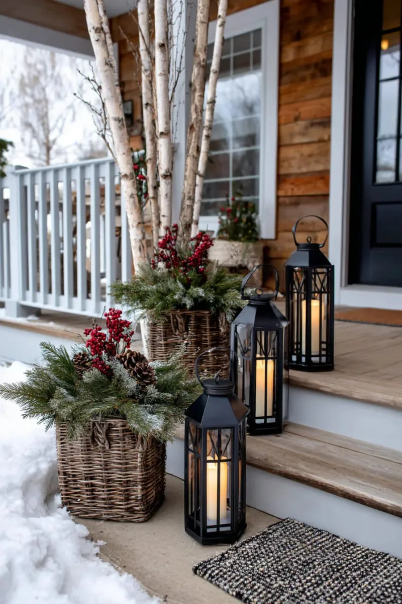 outdoor porch lanterns glowing among baskets of greenery and birch logs 1