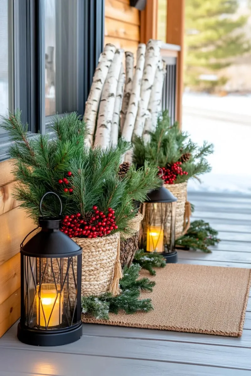 outdoor porch lanterns glowing among baskets of greenery and birch logs 1
