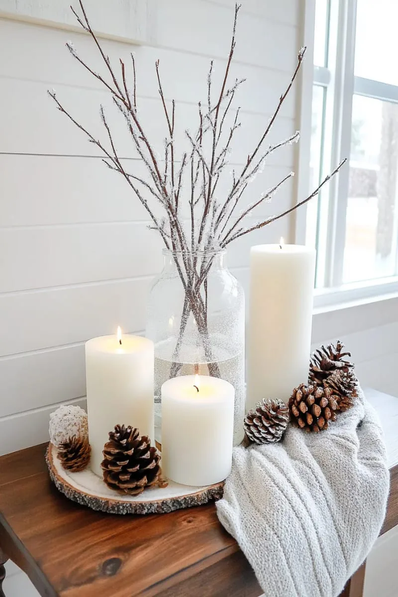 oversized vase of bare branches dusted with artificial snow 1