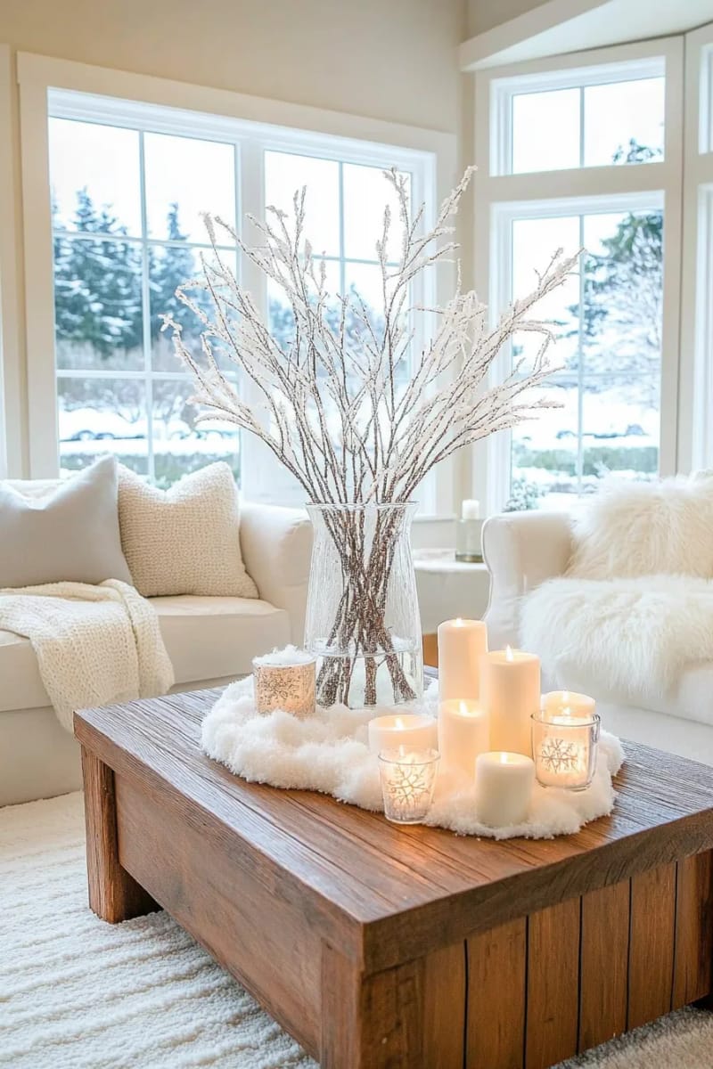 oversized vase of bare branches dusted with artificial snow 1