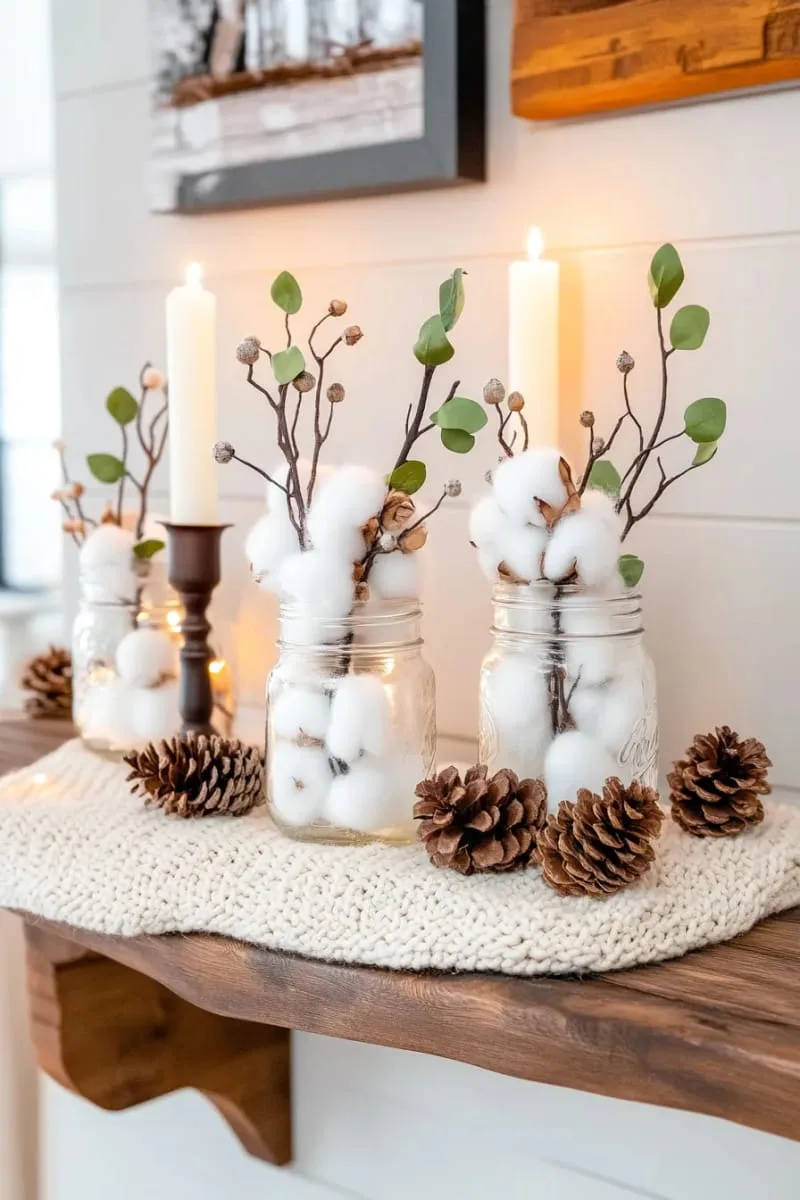 rustic mason jar vases with cotton stems and olive branches 1