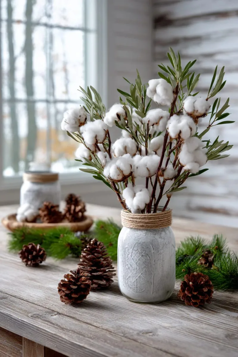 rustic mason jar vases with cotton stems and olive branches 1