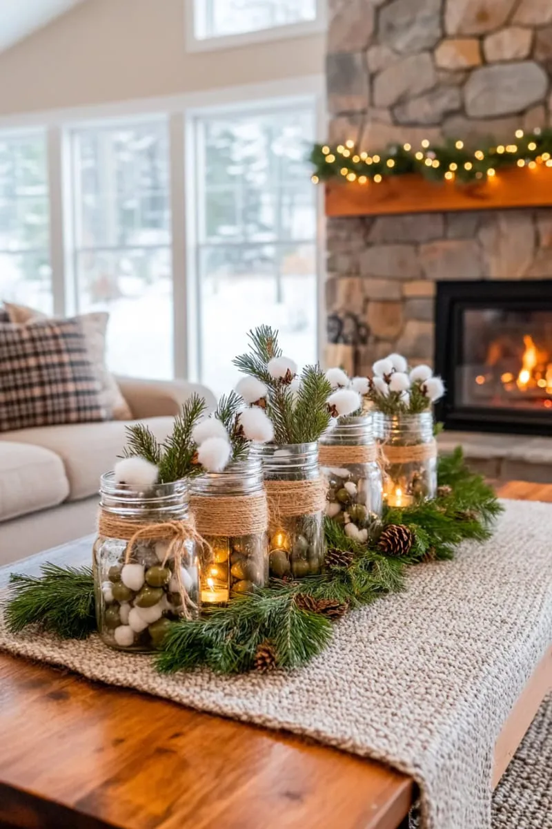 rustic mason jar vases with cotton stems and olive branches 1