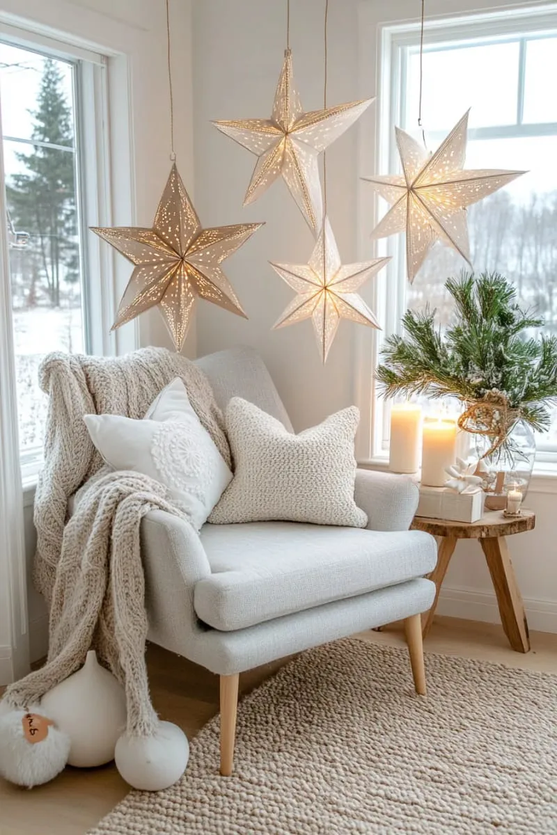 scandinavian paper star lanterns hanging in cozy living room corner 1