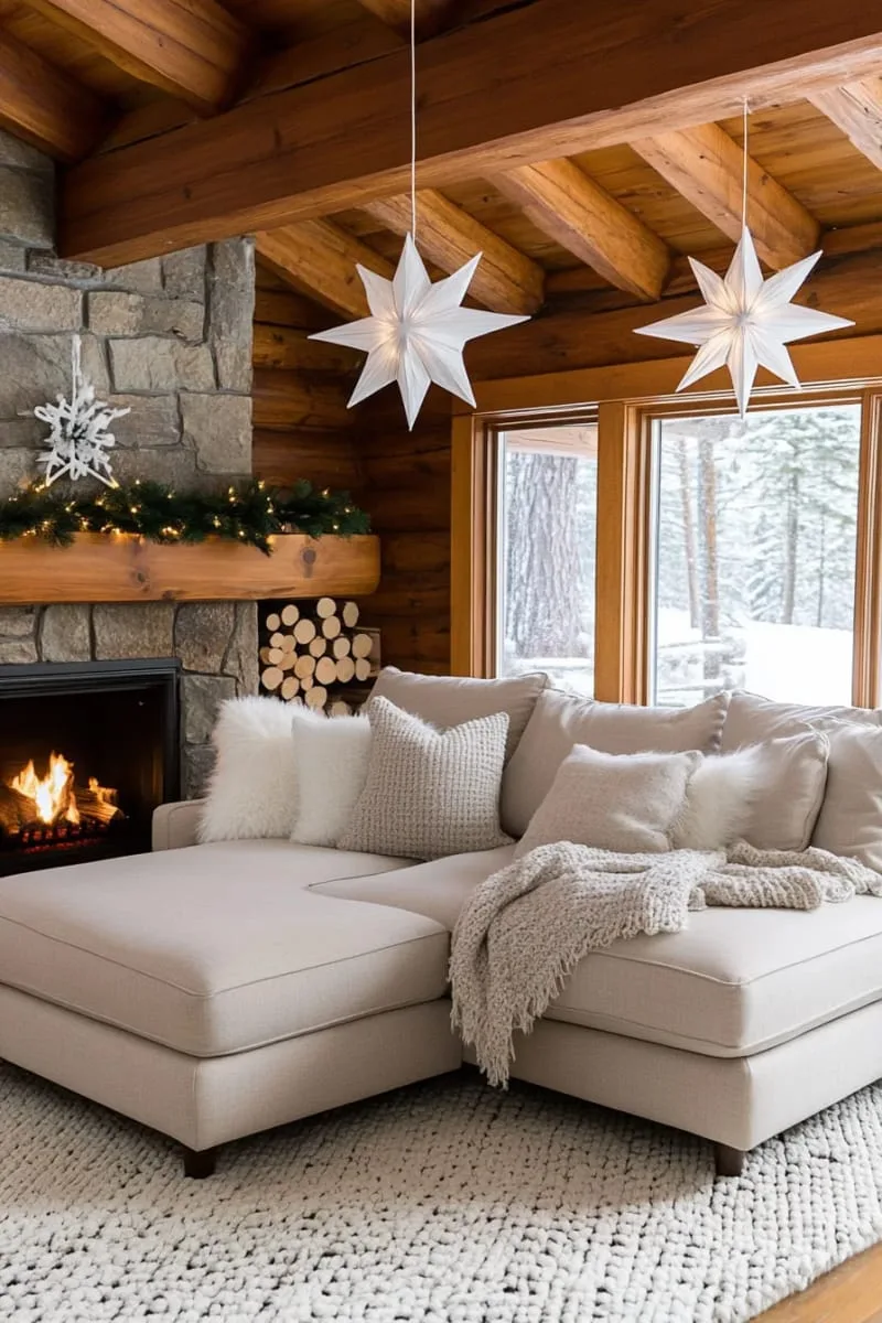 scandinavian paper star lanterns hanging in cozy living room corner 1