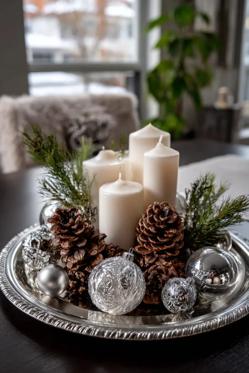 silver tray vignette of pillar candles, pinecones, and glass ornaments 1