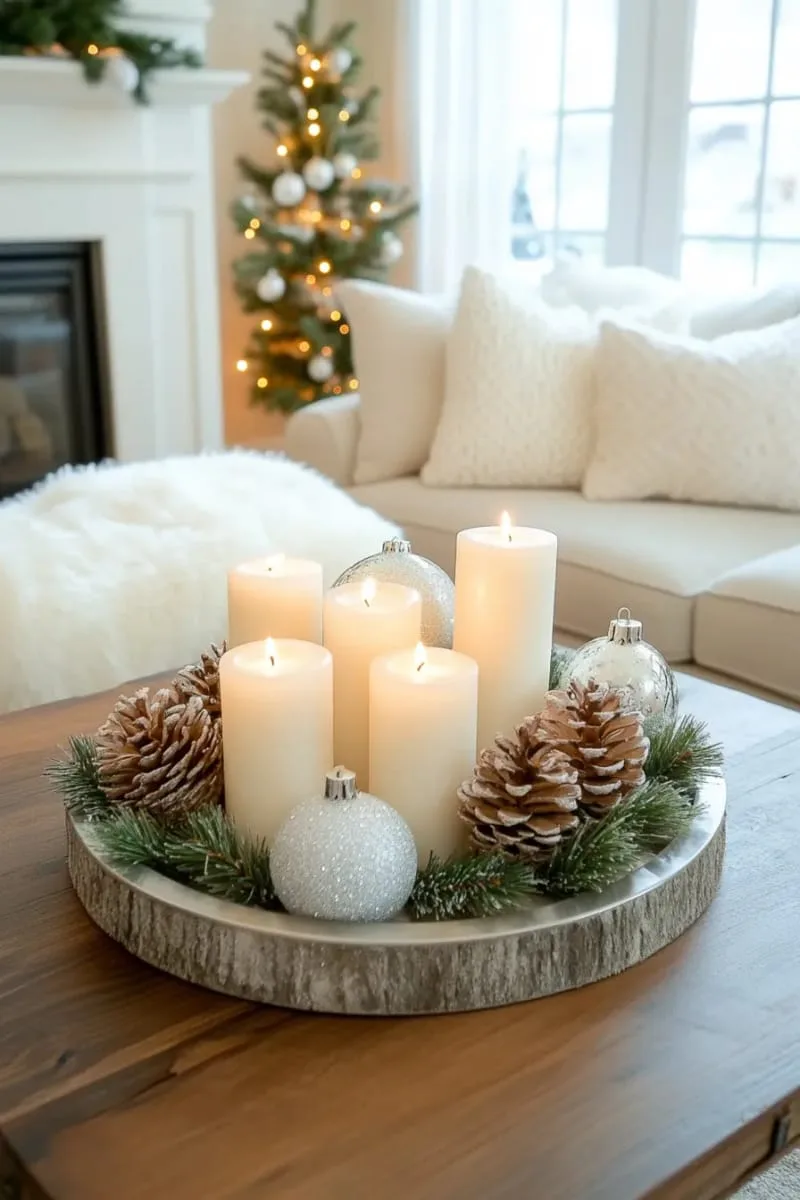 silver tray vignette of pillar candles, pinecones, and glass ornaments 1