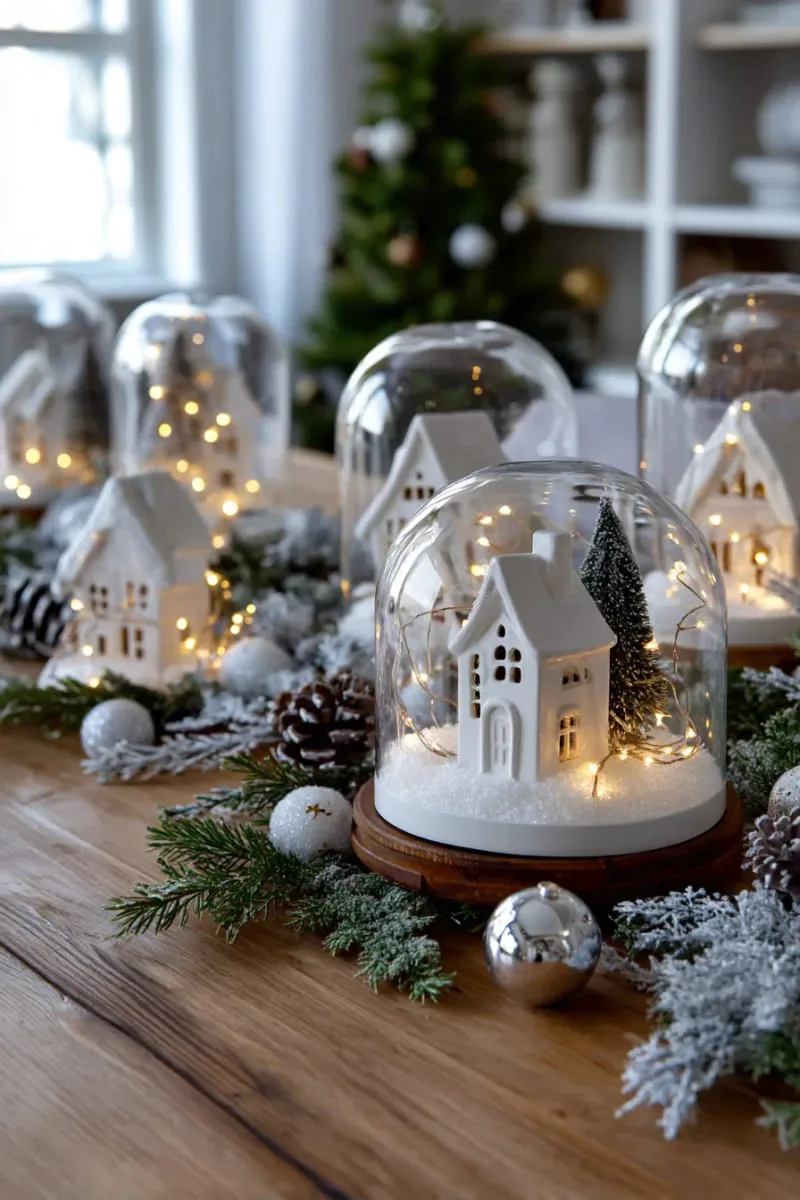 snow village display under cloche domes with fairy lights inside 1