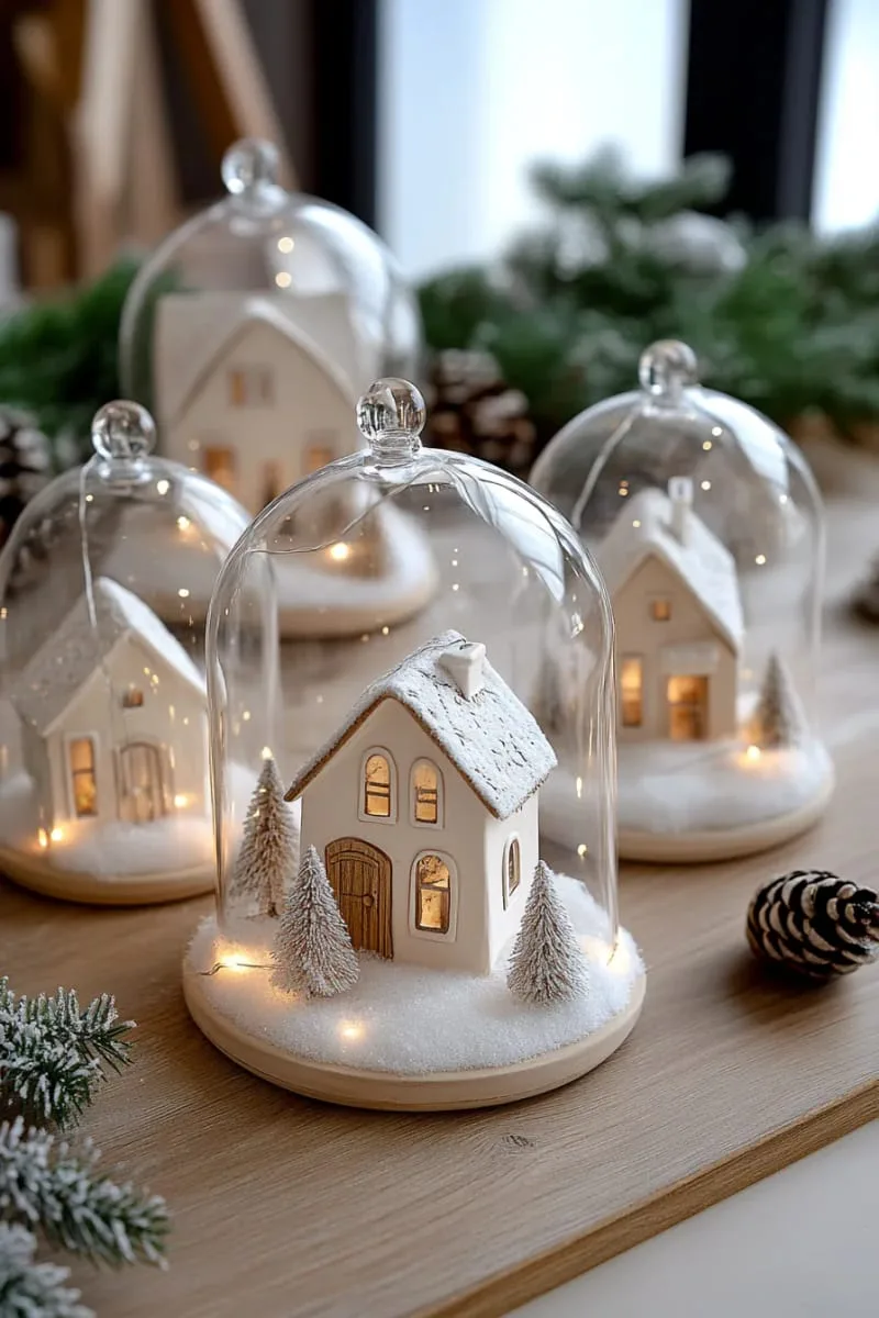 snow village display under cloche domes with fairy lights inside 1