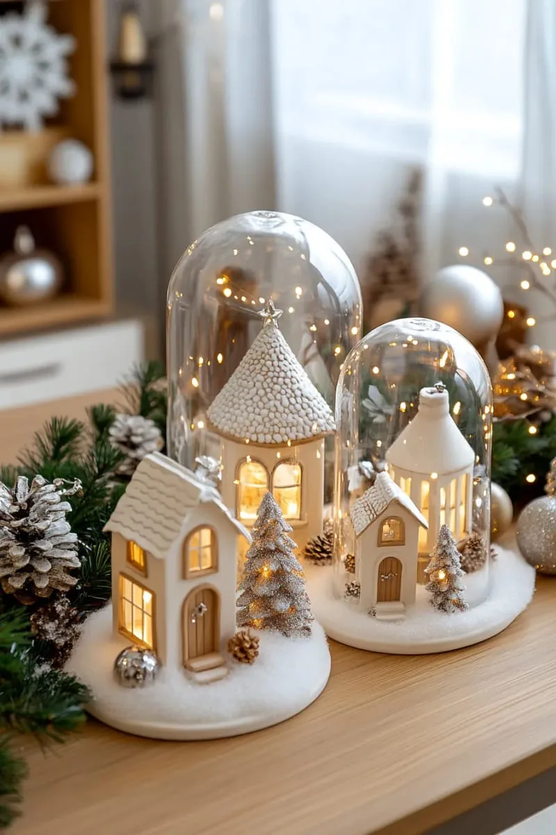 snow village display under cloche domes with fairy lights inside 1