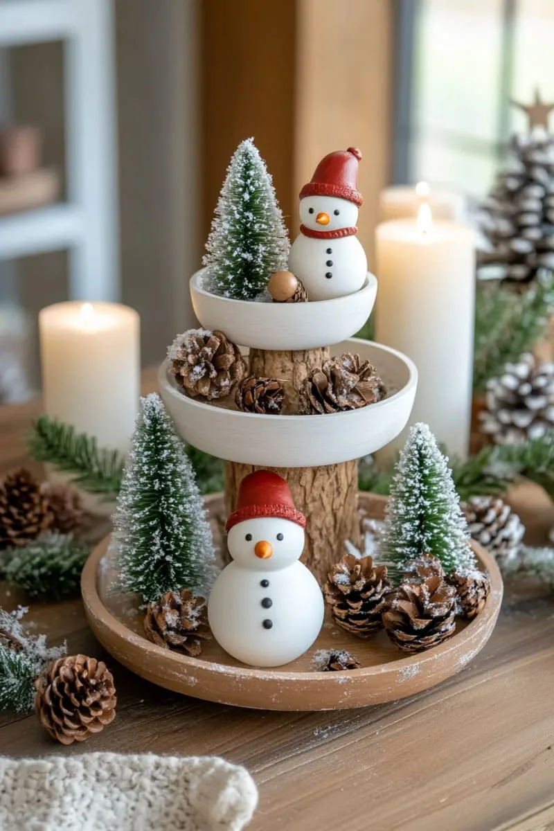 tiered tray display with mini flocked trees, wood beads, and snowmen 1