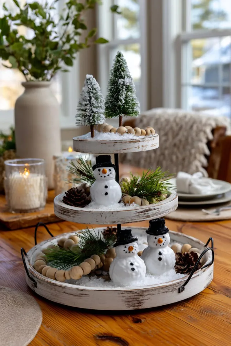 tiered tray display with mini flocked trees, wood beads, and snowmen 1