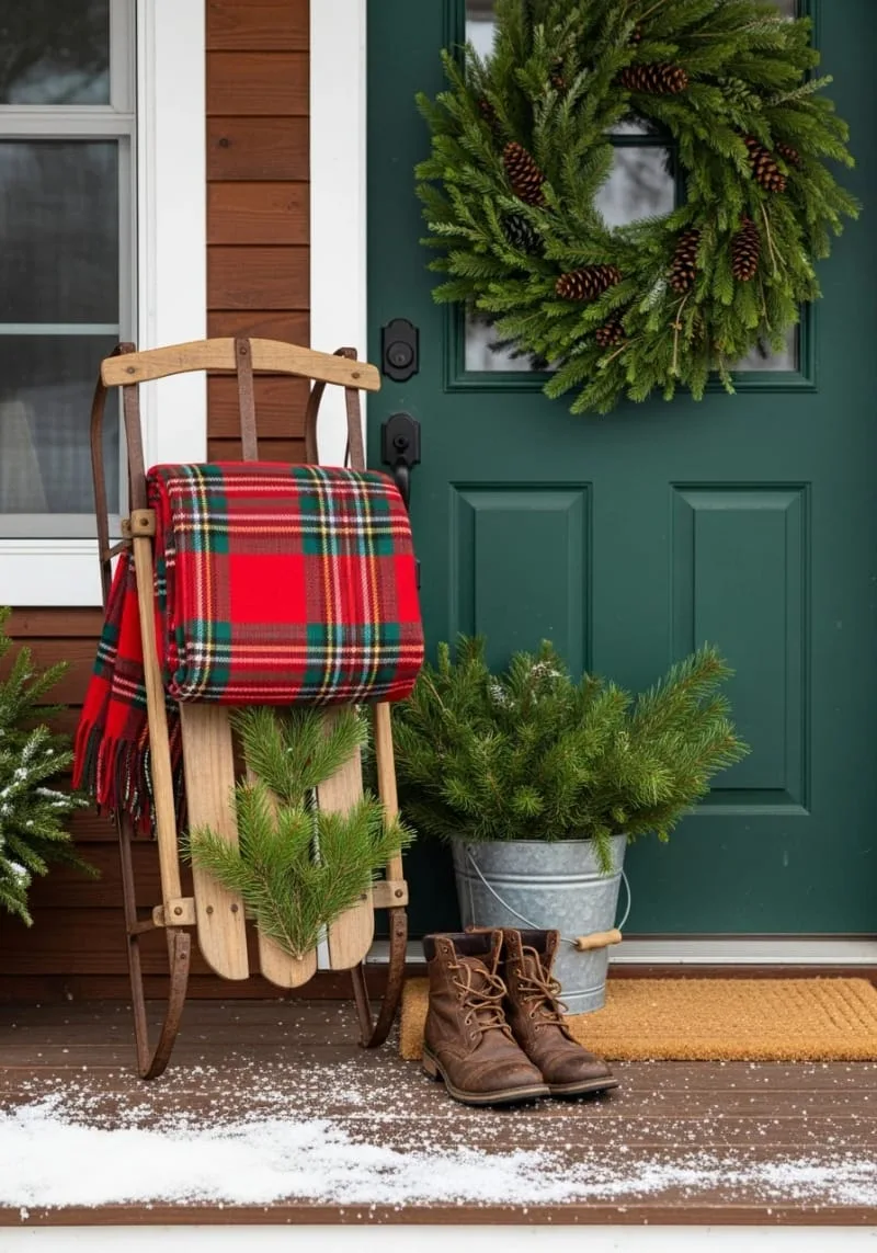 vintage wooden sled propped by door with plaid blanket and pine sprigs 1
