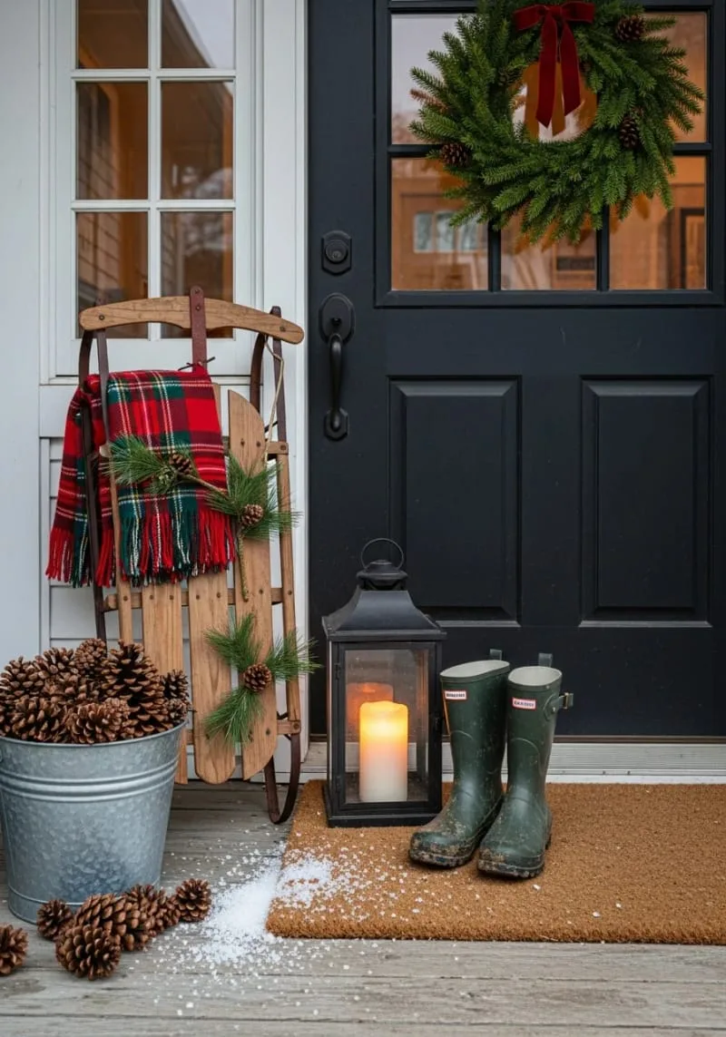 vintage wooden sled propped by door with plaid blanket and pine sprigs 1