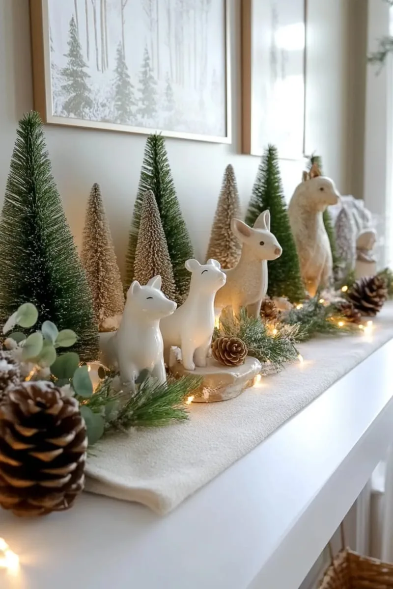 white ceramic animal figurines surrounded by mini evergreen trees 1