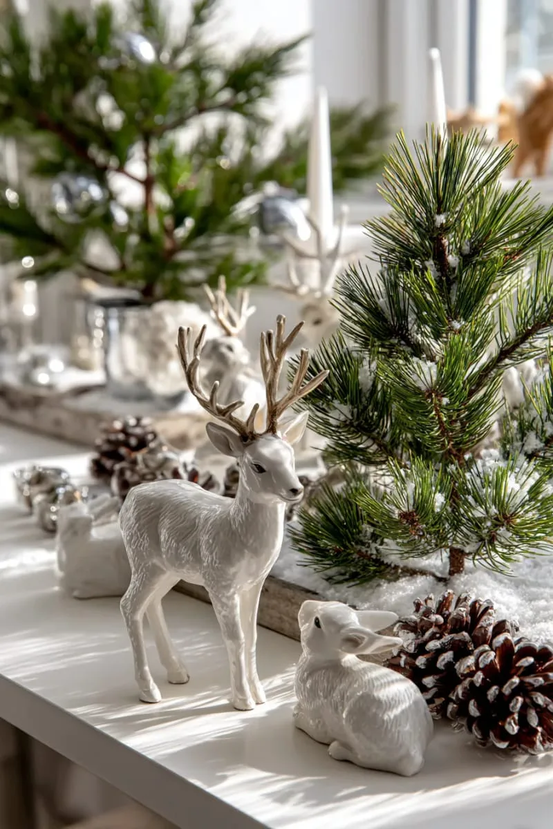 white ceramic animal figurines surrounded by mini evergreen trees 1