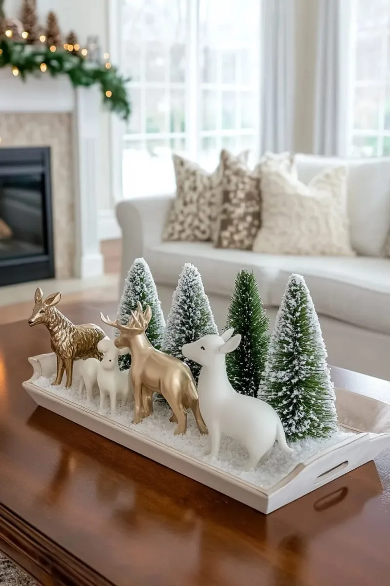 white ceramic animal figurines surrounded by mini evergreen trees 1