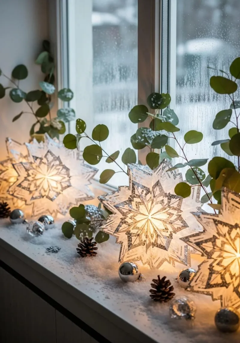 wintery window sill filled with snowflake lanterns and eucalyptus stems 1