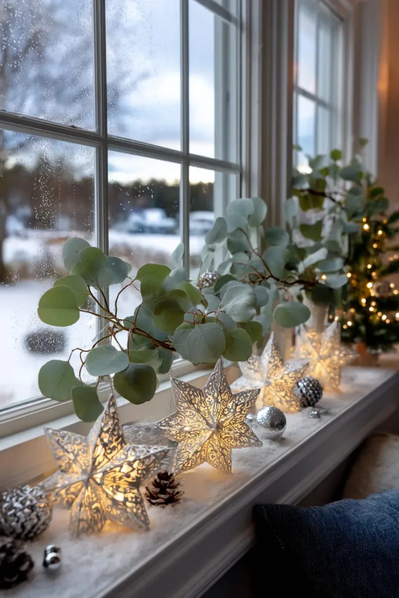 wintery window sill filled with snowflake lanterns and eucalyptus stems 1