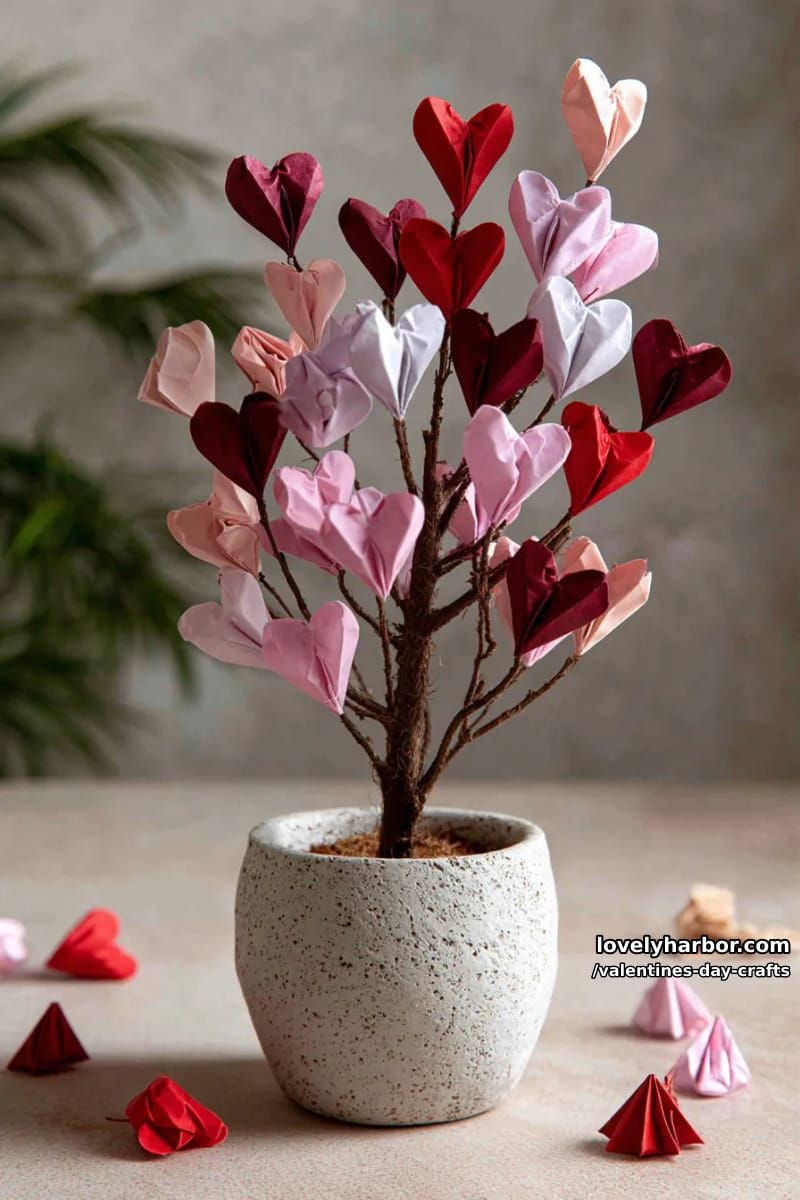 21 Unique Valentine’s Day Crafts to Warm Your Heart 11 3d origami heart tree using pink and red folded paper hearts on branches 1