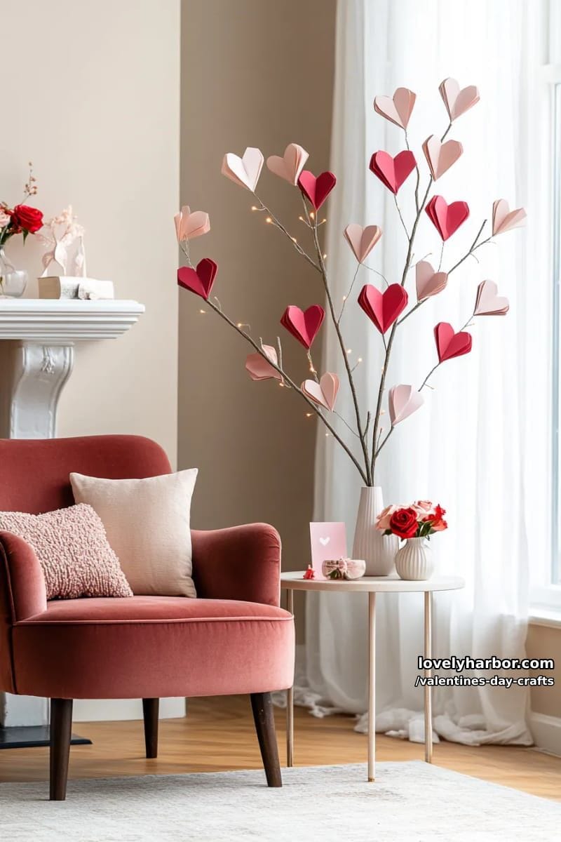 21 Unique Valentine’s Day Crafts to Warm Your Heart 12 3d origami heart tree using pink and red folded paper hearts on branches 1