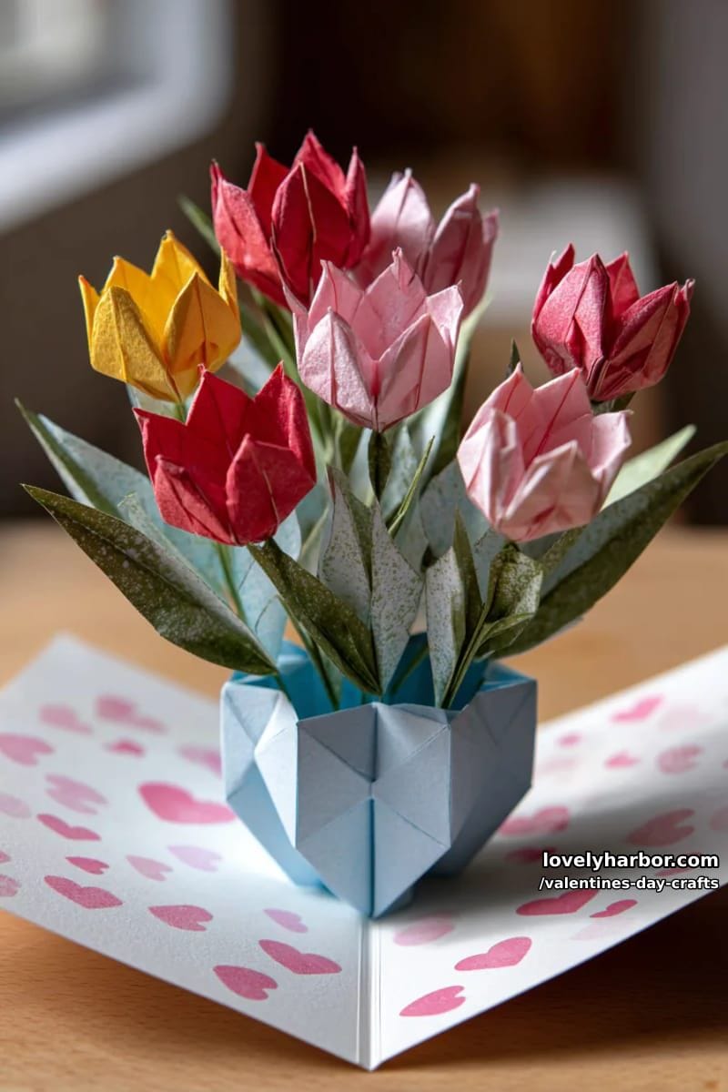 21 Unique Valentine’s Day Crafts to Warm Your Heart 50 3d pop-up flower vase card with origami tulips and paper leaves 1