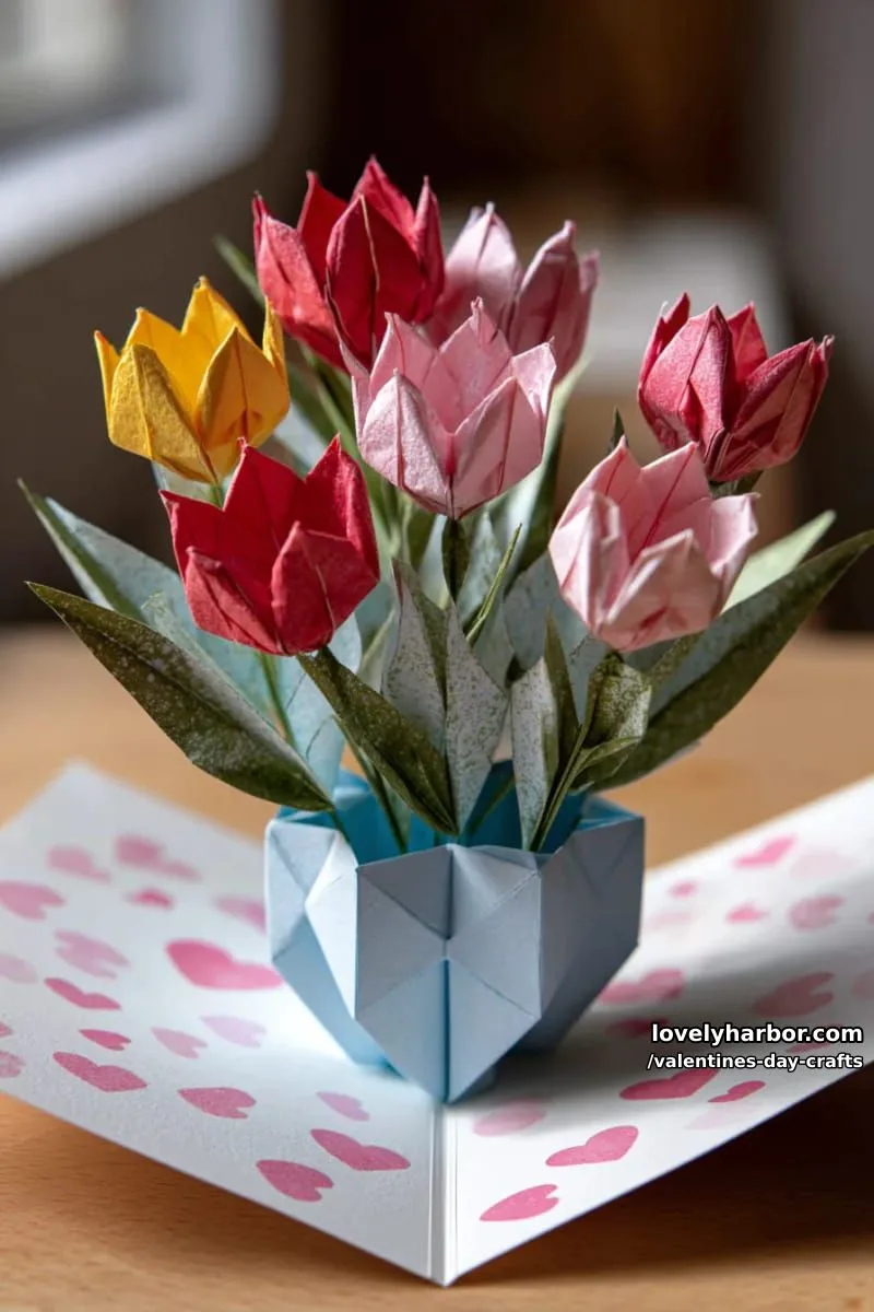 21 Unique Valentine’s Day Crafts to Warm Your Heart 49 3d pop-up flower vase card with origami tulips and paper leaves 1