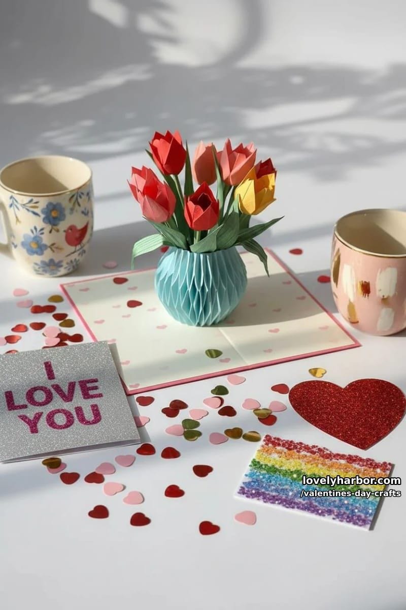 21 Unique Valentine’s Day Crafts to Warm Your Heart 51 3d pop-up flower vase card with origami tulips and paper leaves 1