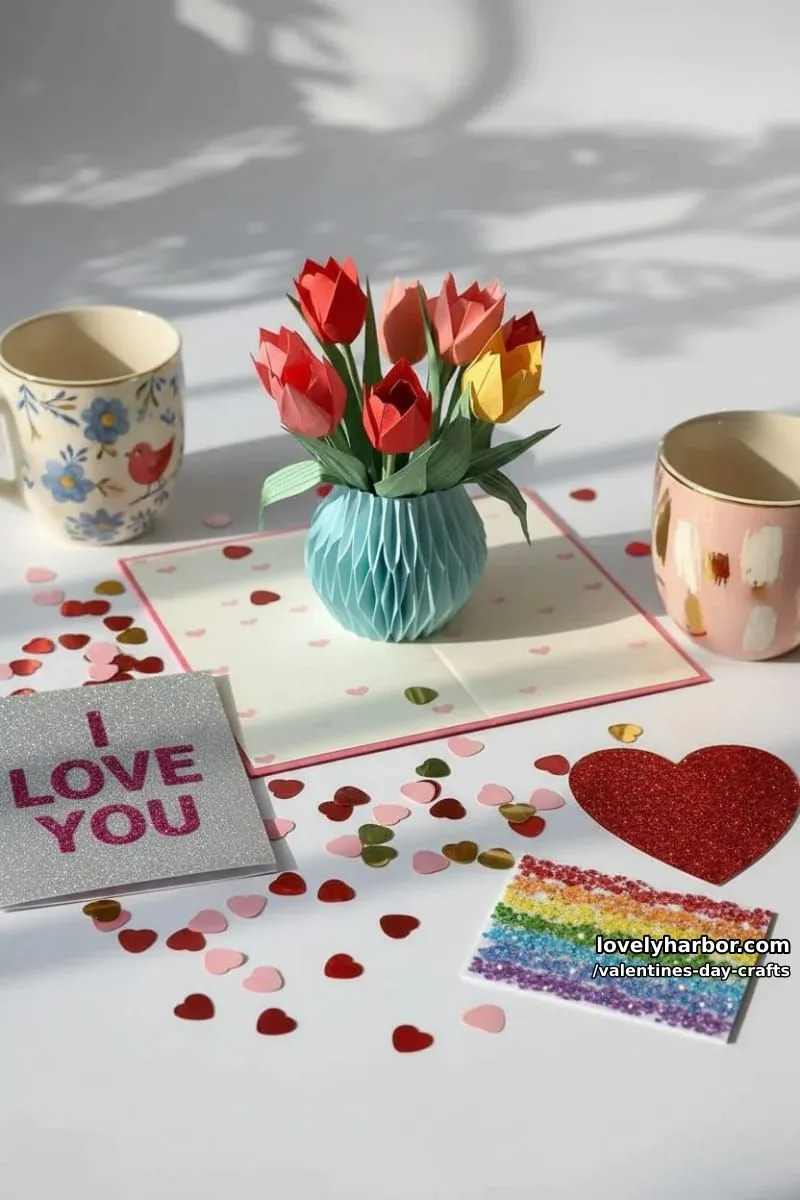 21 Unique Valentine’s Day Crafts to Warm Your Heart 50 3d pop-up flower vase card with origami tulips and paper leaves 1